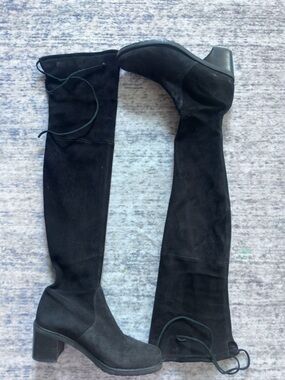 Stuart Weitzman Black Suede Over-the-Knee Block Heel Boots
